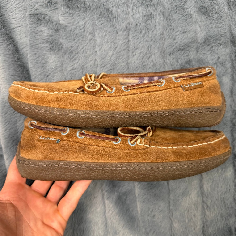 LL Bean Wicked Good Moccasins Tan Suede Plaid Slippers 301095 Womens 6 M